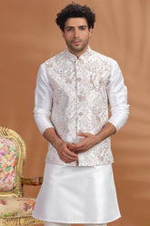 Off White Silk Embroidered Kurta Pajama Set with Jacket